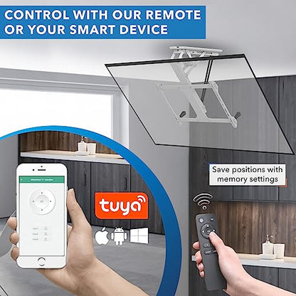 Mount-It! Soporte eléctrico para TV de techo con mando a distancia y driver de aplicación, soporte motorizado abatible en techo para televisores de visualización plana de 32 a 70 pulgadas, color blanco MI-4224W