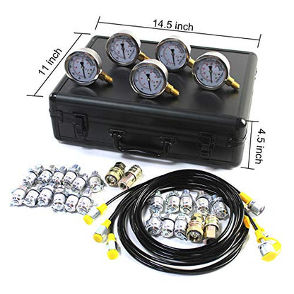 SINOCMP Kit de prueba de presión hidráulica con 5 calibres, 3 mangueras de prueba y 24 acoplamientos, kit de manómetro de prueba hidráulica utilizado para excavadoras