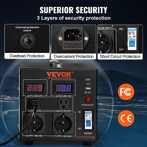 VEVOR Transformador convertidor de voltaje, 2000 W, transformador elevador/descendente resistente, convertidor de 110 voltios a 220 voltios y de 220 voltios a 110 voltios, puerto USB, certificado CE