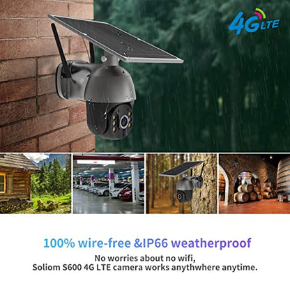 S600 3G/4G LTE Cámara de seguridad celular con energía solar para exteriores, inalámbrica, foco de visión de 360°, visión nocturna de 1080p, conversación de 2 vías, sensor de movimiento PIR, sin WiFi, Soliom