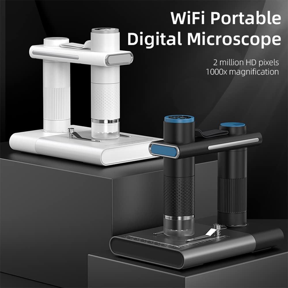 Yeacher Microscopio 1200X con Soporte Manos Libres Inalámbrico WiFi Microscopio Recargable Endoscopio Lupa Cámara Digital óptica 2M Píxeles 50-1000X Aumento 8 Luces LED Ajustables para PC Tablet