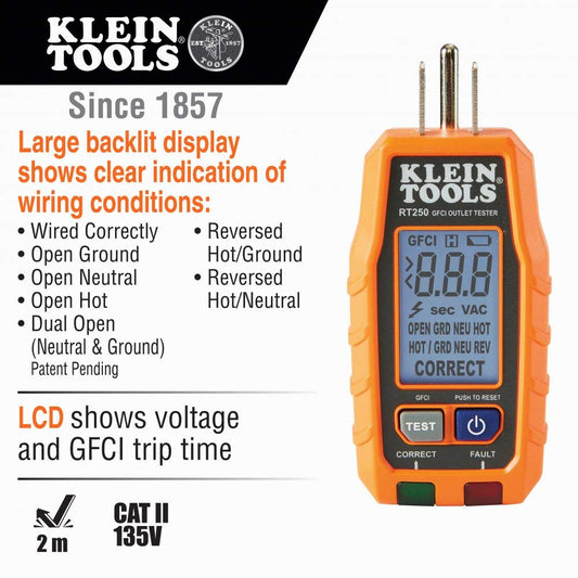 Kit de prueba eléctrica de tomacorrientes GFCI con LCD y probador de voltaje sin contacto de doble rango con linterna. RT250KIT Klein Tools