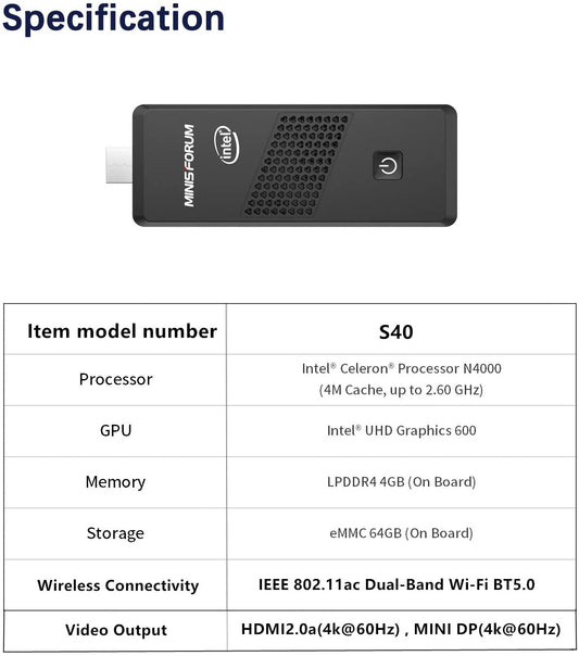 Mini PC Stick Intel Celeron N4000 (hasta 2,6 GHz) 4 GB DDR4/64 GB eMMC Intel Stick PC 4 K a 60 Hz HD HDMI 2.0/Mini DP Puertos Dual WiFi BT5.0/2xUSB3.0/USB-C/Auto Power On