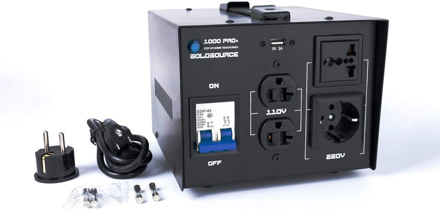 Goldsource Series W Pro+ Convertidor de voltaje de 110 a 220V  Diseño mejorado con portafusibles  USB de 5 V CC 