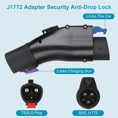 Adaptador Tesla a J1772, máximo 60 amperios y 250 V, TAECHU J1772 con bloqueo anticaídas, compatible con cargadores Tesla Wall/Destino/móviles (con una bolsa de almacenamiento)