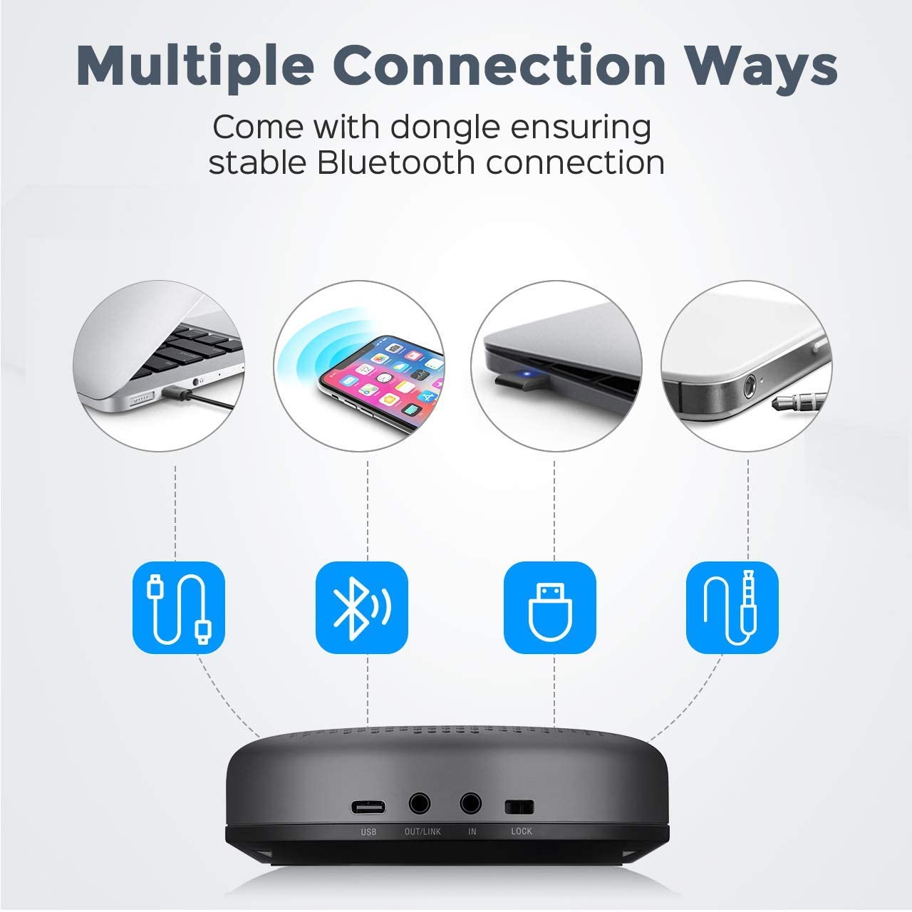 eMeet – Bocina Bluetooth Luna con micrófono con algoritmo de reducción de ruido mejorado, cadena de margarita, con Dongle Altavoz USB para la oficina en casa, recepción de voces de 360° para 8 personas