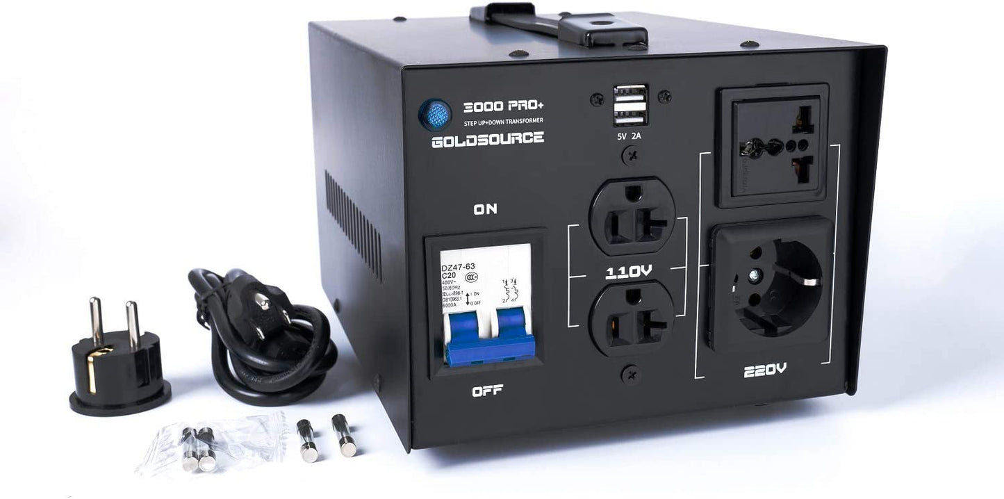 Goldsource Series W Pro+ Convertidor de voltaje de 110 a 220V  Diseño mejorado con portafusibles  USB de 5 V CC 