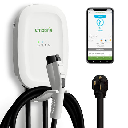EMPORIA ENERGY Cargador Inteligente para vehículos eléctricos, 48 A, Nivel 2, Energy Star/UL, NEMA 14-50 o Cable Duro, Cable de 25 pies, EVSE para Interiores y Exteriores