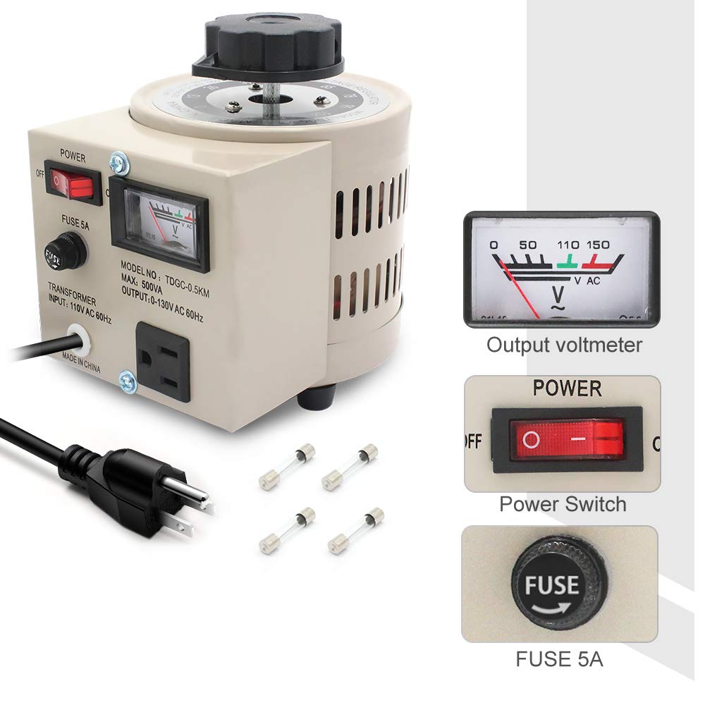 LVYUAN Regulador de voltaje variable del transformador variable, salida 0-130 V, entrada de 110 V-120 V (500 VA)