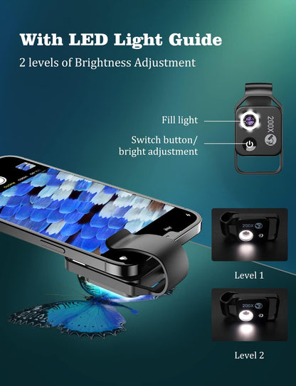 Microscopio de teléfono con lente CPL/luz LED, microscopio de bolsillo 200X con clip universal para teléfono compatible con iPhone/teléfono Android: el mejor microscopio portátil para disfrutar de Microworld para niños y adultos