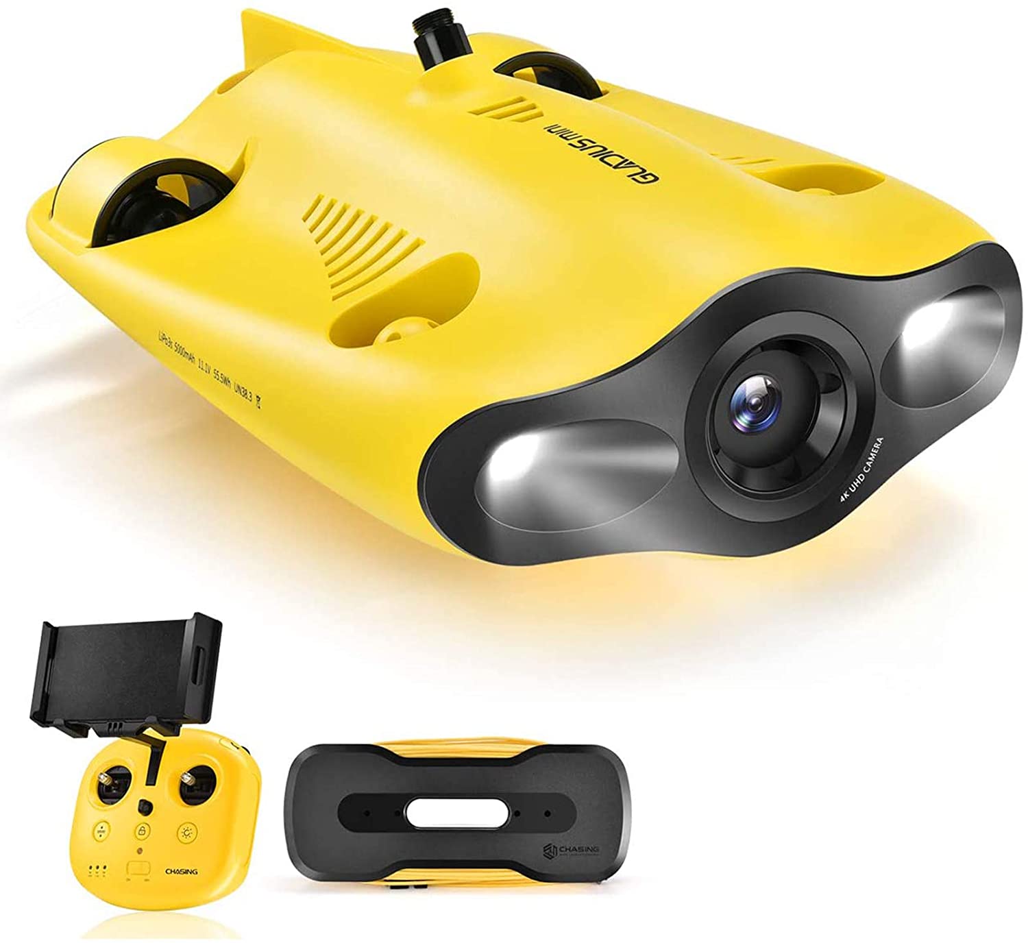 Chasing Gladius Mini dron subacuático – Cámara subacuática 4K UHD para visualización en tiempo real, mando a distancia y control remoto de aplicación, buceo a 330 pies, transmisión en vivo, bloqueo de inclinación ajustable, buscador de peces, ROV