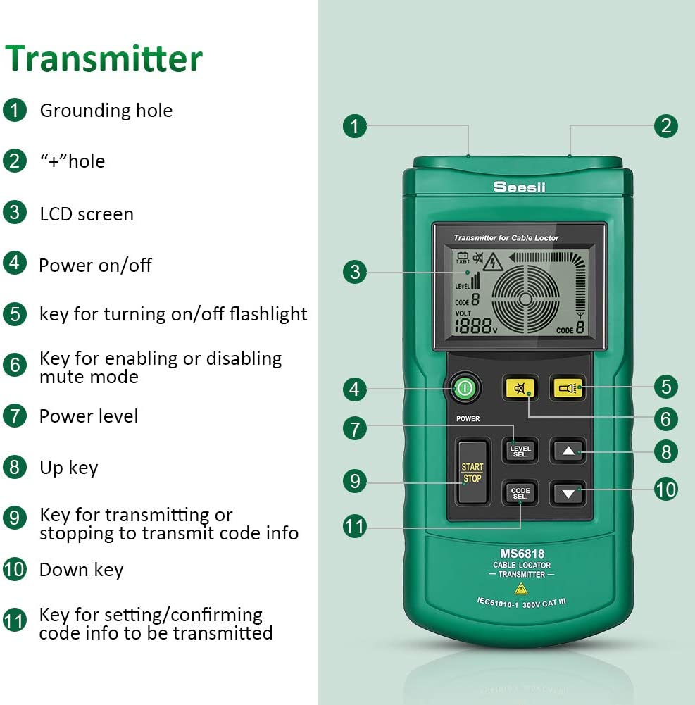 Seesii Localizador de cables, rastreador de cables portátil MS6818 localizador de cables de teléfono 12 V-400 V AC/DC subterráneo detector de tuberías profesional Cable Toner Finder