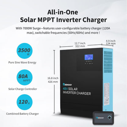 Renogy Inversor de onda sinusoidal pura de 48 V 3500 W, todo en uno con controlador de carga MPPT, modo de ahorro de energía DC 48V a CA 120V, sobretensión 7000W, solar, carga de batería del generador, LCD y LED, para el hogar, camping, RV