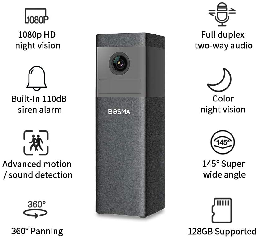 Bosma X1 1080p HD Night Vision Camera, 360 degree Pan with Advanced Motion Detection, Sound Detection, Siren Alarm, Color Night Vision, 2-Way Audio, for Home Security