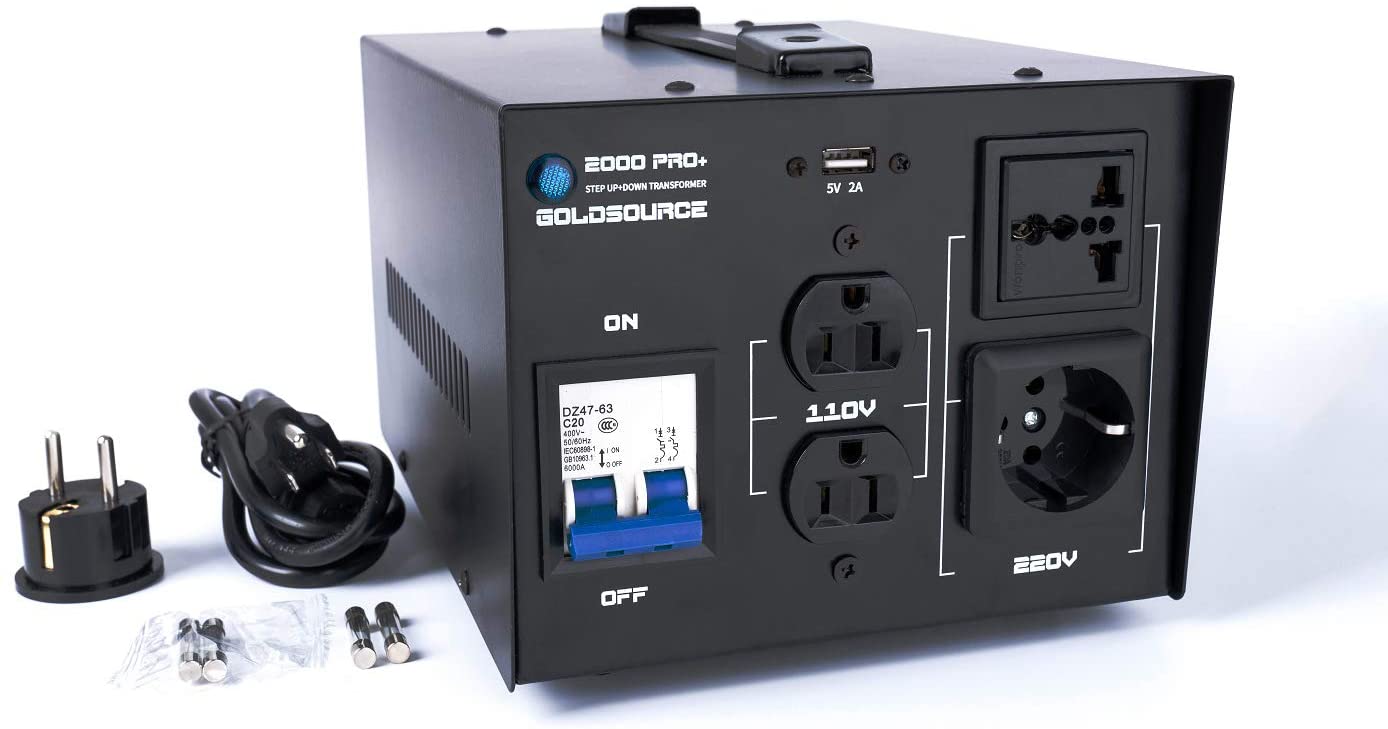 Goldsource Series W Pro+ Convertidor de voltaje de 110 a 220V  Diseño mejorado con portafusibles  USB de 5 V CC 