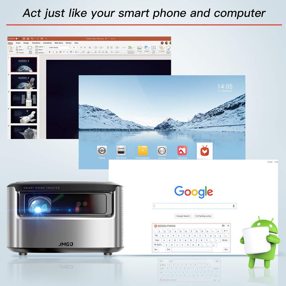 JMGO J6S Native 1080P Full HD 4K Projector with Android, 1100 ANSI lm, Auto Focus, Keystone Correction,DLP, Dolby, 3D, WiFi, Bluetooth Speaker, Smart Home Cinema Video Projector, 300" Picture