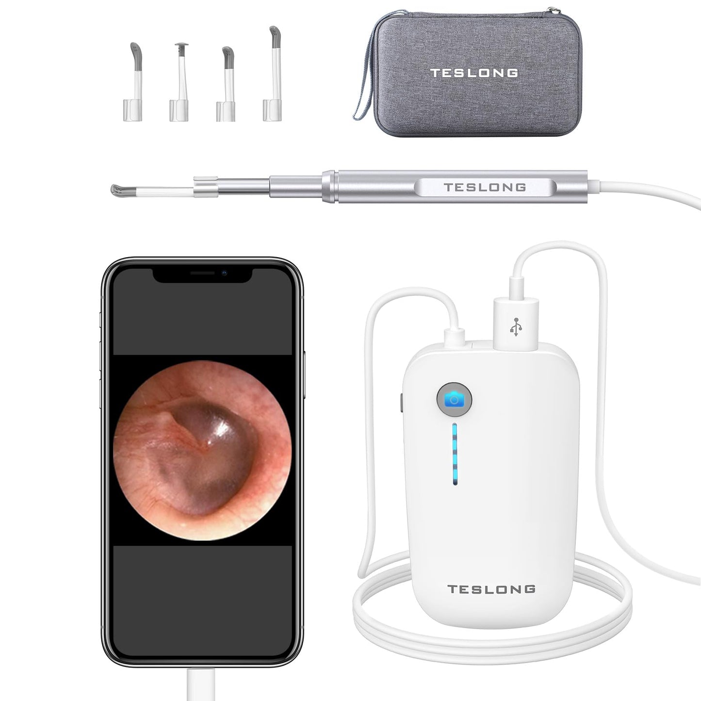Teslong Teslong - Otoscopio digital con removedor de cera de oído, cámara de oído con herramientas de eliminación de cera de oído, otoscopio de video con luz para iPhone, iPad, teléfono Android, USB, púas de oído, impermeable, 1080p HD