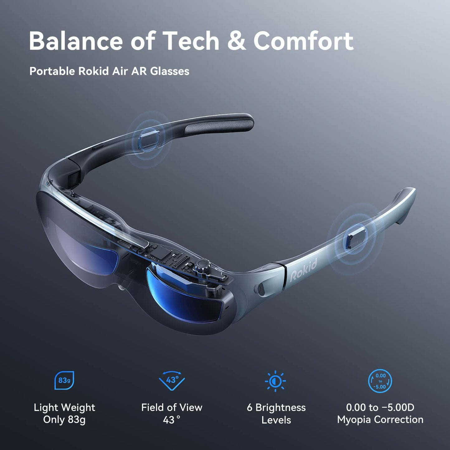 Rokid Air AR Glasses Augmented Reality Wearable Tech Headsets Smart Portable Massive Screen 1080P Dual Display,43°FoV, 55PPD