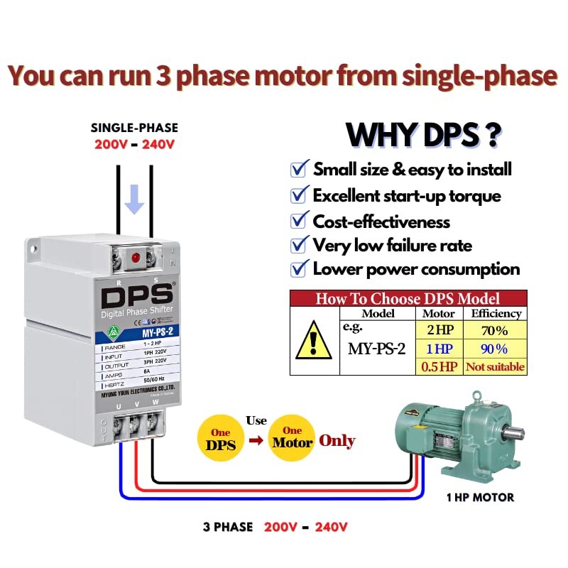 Convertidor monofásico a 3 fases, modelo My-PS-2, adecuado para motor 3 fases de 1HP (0.75Kw) 3 amperios 200-240V, DPS debe ser utilizado solo para un motor, entrada/salida 200V-240V, tipo digital