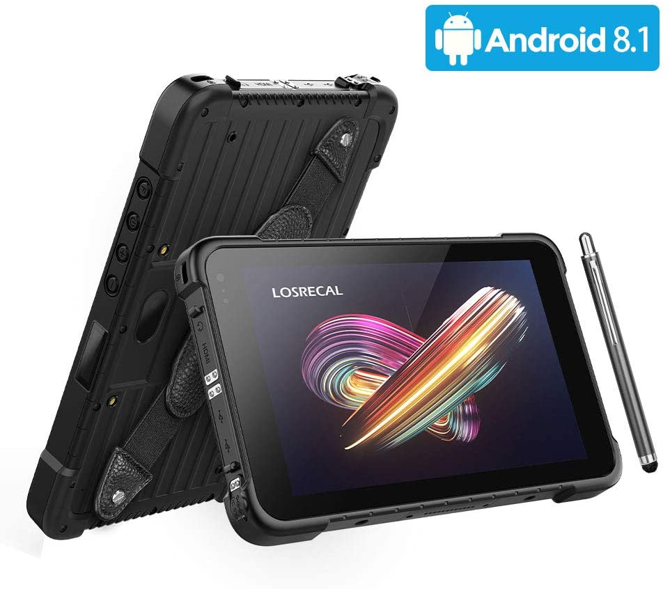 LOSRECAL Rugged Tablet Android 8.1 GMS Zebra 2D Android Barcode Scanner 8 Inch Industrial Tablet MIL-STD-810G IP67 WiFi NFC 4G GPS BT 8500mAh Android Tablet for Warehouse Management Field Mobile Work