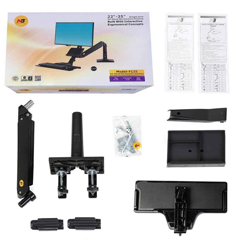 NB North Bayou Sit Stand Desk Converter Height Adjustable Standing Desk Workstation for 22''-35'' Monitor Mount Arm with Keyboard Tray FC35 (White-for 22''-35'' Monitor Within 6.6~19.8 lbs)