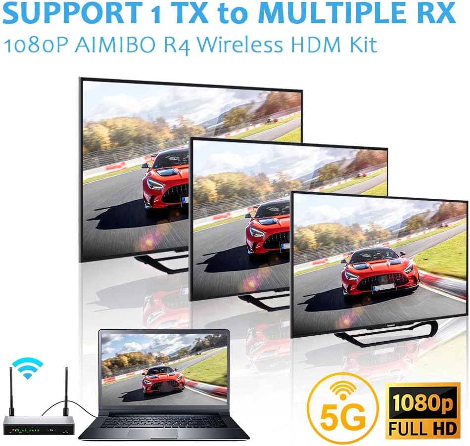 AIMIBO Transmisor y receptor inalámbrico HDMI, compatible con múltiples RX (1 x 8), extensor de control inalámbrico KVM/IR de 5.8 G (656 pies/656.2 ft) para transmitir video a HDTV/proyector/monitor con bucle HDMI