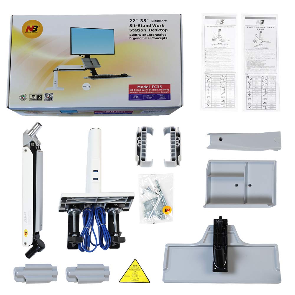NB North Bayou Sit Stand Desk Converter Height Adjustable Standing Desk Workstation for 22''-35'' Monitor Mount Arm with Keyboard Tray FC35 (White-for 22''-35'' Monitor Within 6.6~19.8 lbs)