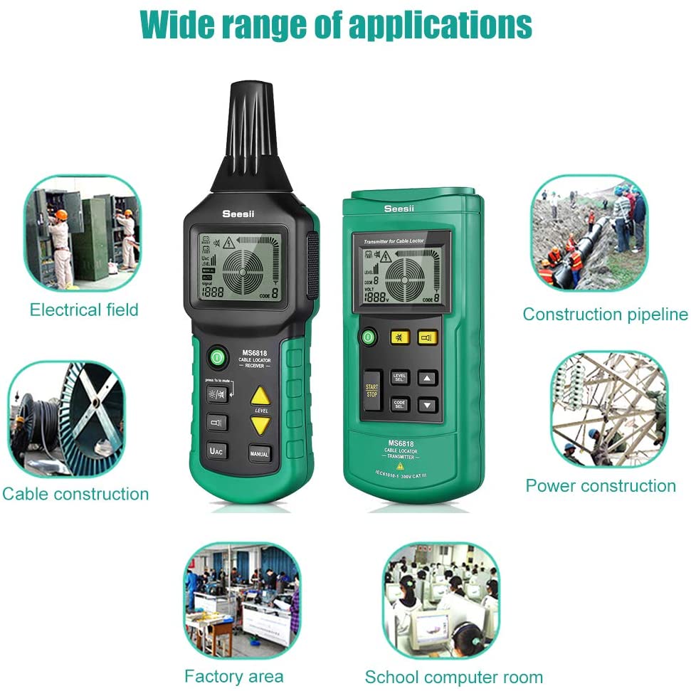 Seesii Localizador de cables, rastreador de cables portátil MS6818 localizador de cables de teléfono 12 V-400 V AC/DC subterráneo detector de tuberías profesional Cable Toner Finder