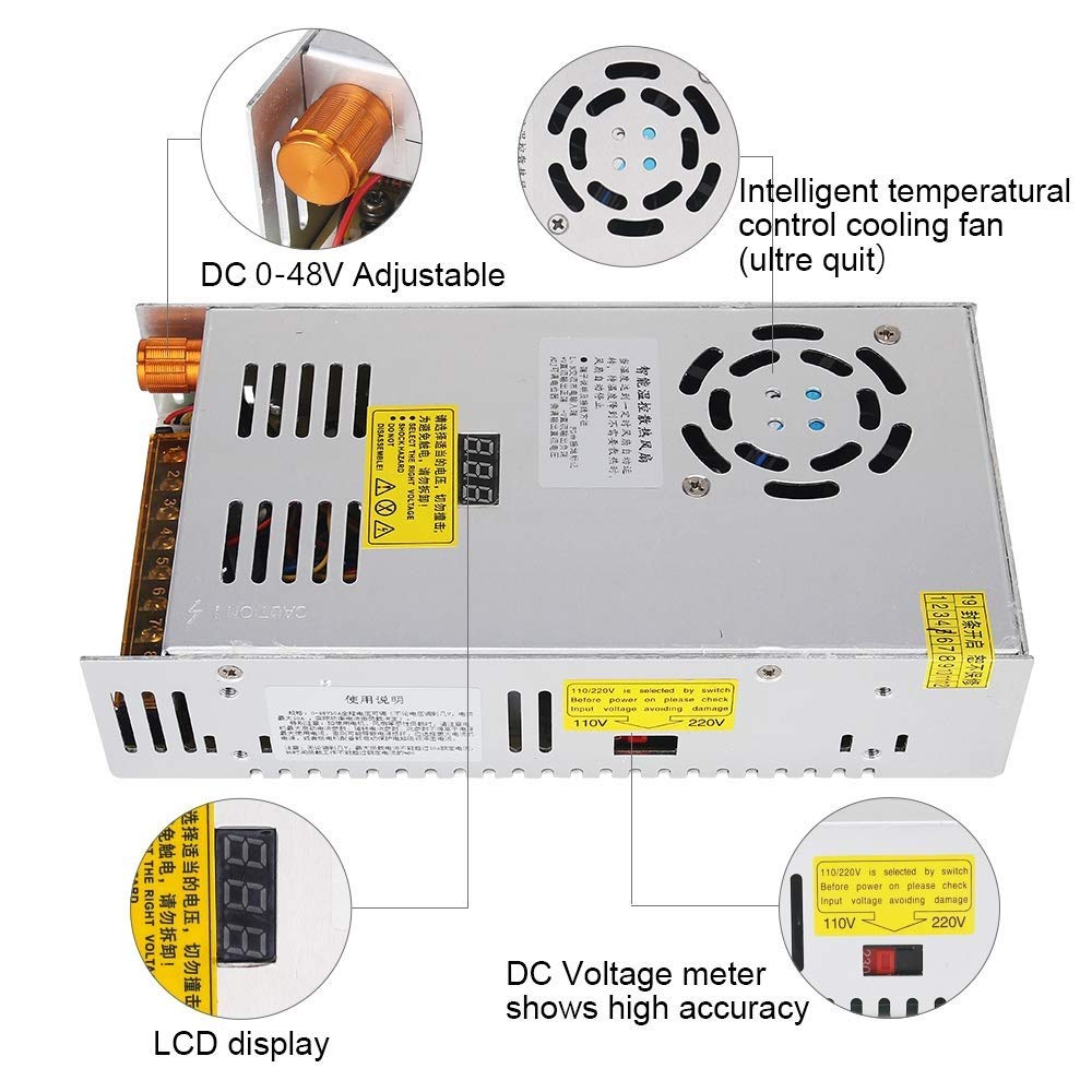 Adjustable DC Power Voltage Converter AC 110V-220V to DC 0-48V Module Switching Power Supply Digital Display 480W Voltage Regulator Transformer Built in Cooling Fan