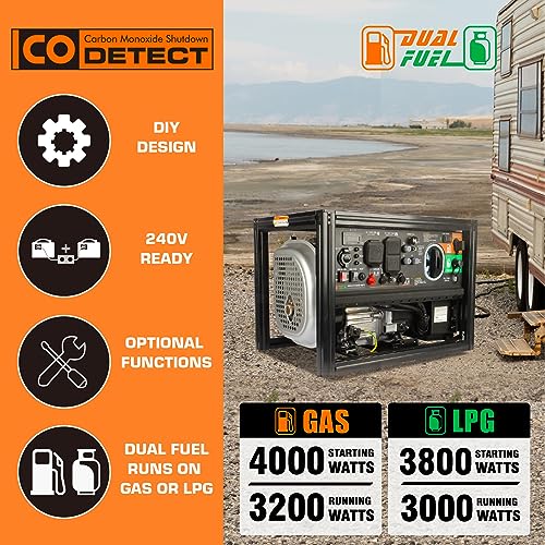 GENMAX Generador inversor de combustible dual de marco abierto DIY, motor ultra silencioso de 145 cc de 4000 W, con capacidad paralela y serie con alerta de CO, ideal para trabajos de construcción y energía de respaldo en el hogar, cumple con la EPA