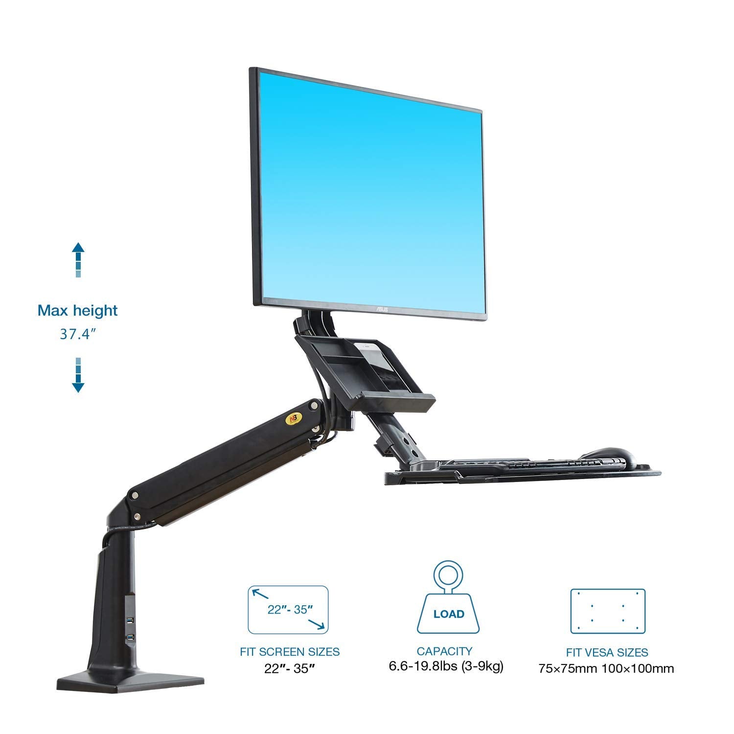 NB North Bayou Sit Stand Desk Converter Height Adjustable Standing Desk Workstation for 22''-35'' Monitor Mount Arm with Keyboard Tray FC35 (White-for 22''-35'' Monitor Within 6.6~19.8 lbs)