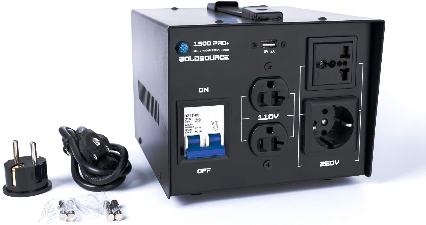 Goldsource 3000 W Pro+ Convertidor de corriente – Convertidor de voltaje de 110 a 220 – Enchufe de Estados Unidos con enchufe universal – Diseño mejorado con portafusibles – Enchufes C y puerto USB de 5 V CC – Ideal para uso doméstico