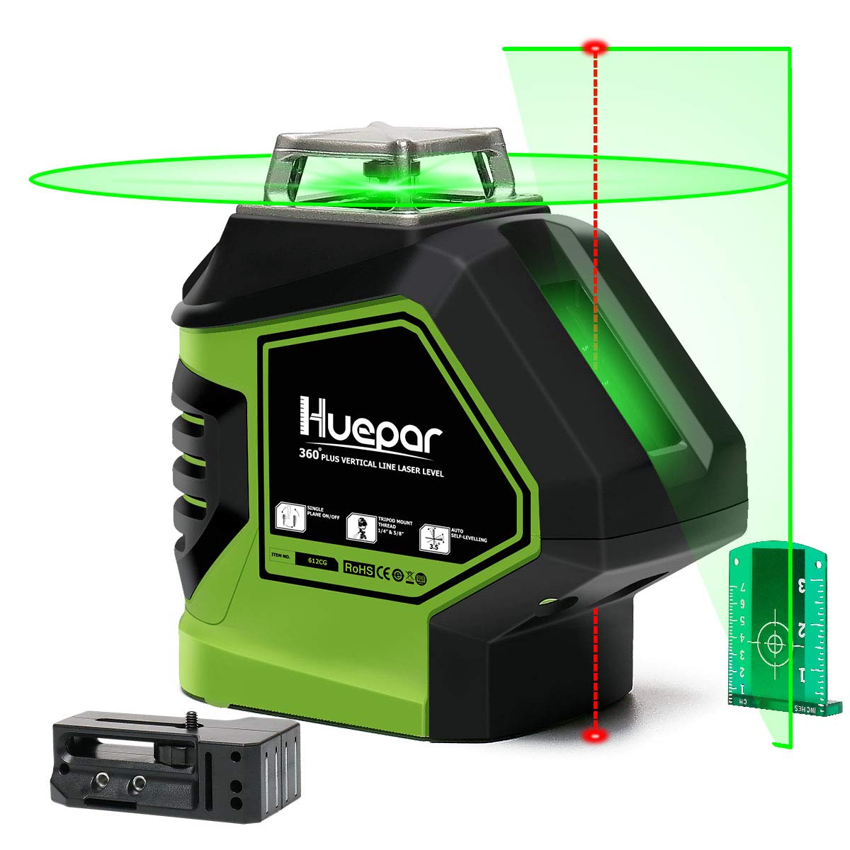 Huepar Línea cruzada de nivel láser verde autonivelante con 2 puntos de fontanería, línea horizontal de 360 grados más gran ángulo de ventilador de haz vertical con puntos arriba y abajo, base giratoria magnética 621CG
