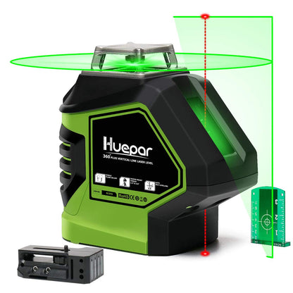 Huepar Línea cruzada de nivel láser verde autonivelante con 2 puntos de fontanería, línea horizontal de 360 grados más gran ángulo de ventilador de haz vertical con puntos arriba y abajo, base giratoria magnética 621CG