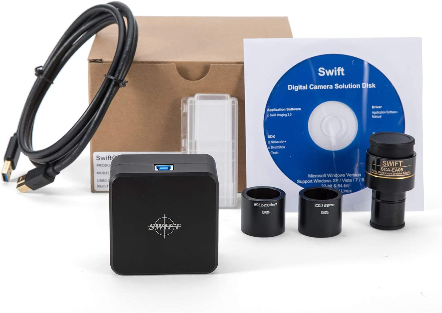 Swiftcam - Cámara de 18 megapíxeles para microscopios, con lente de reducción, kit de calibración, adaptadores de Eyetube y cable USB 3.0, compatible con Windows/Mac/Linux