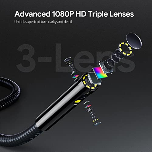 DEPSTECH Boroscopio de pantalla IPS de 7 pulgadas, cámara endoscopio de triple lente con luz, cámara de inspección de video de grabación de sonido HD de 1080P, cámara de serpiente de cuello de cisne de 16.5pies - DS700TL