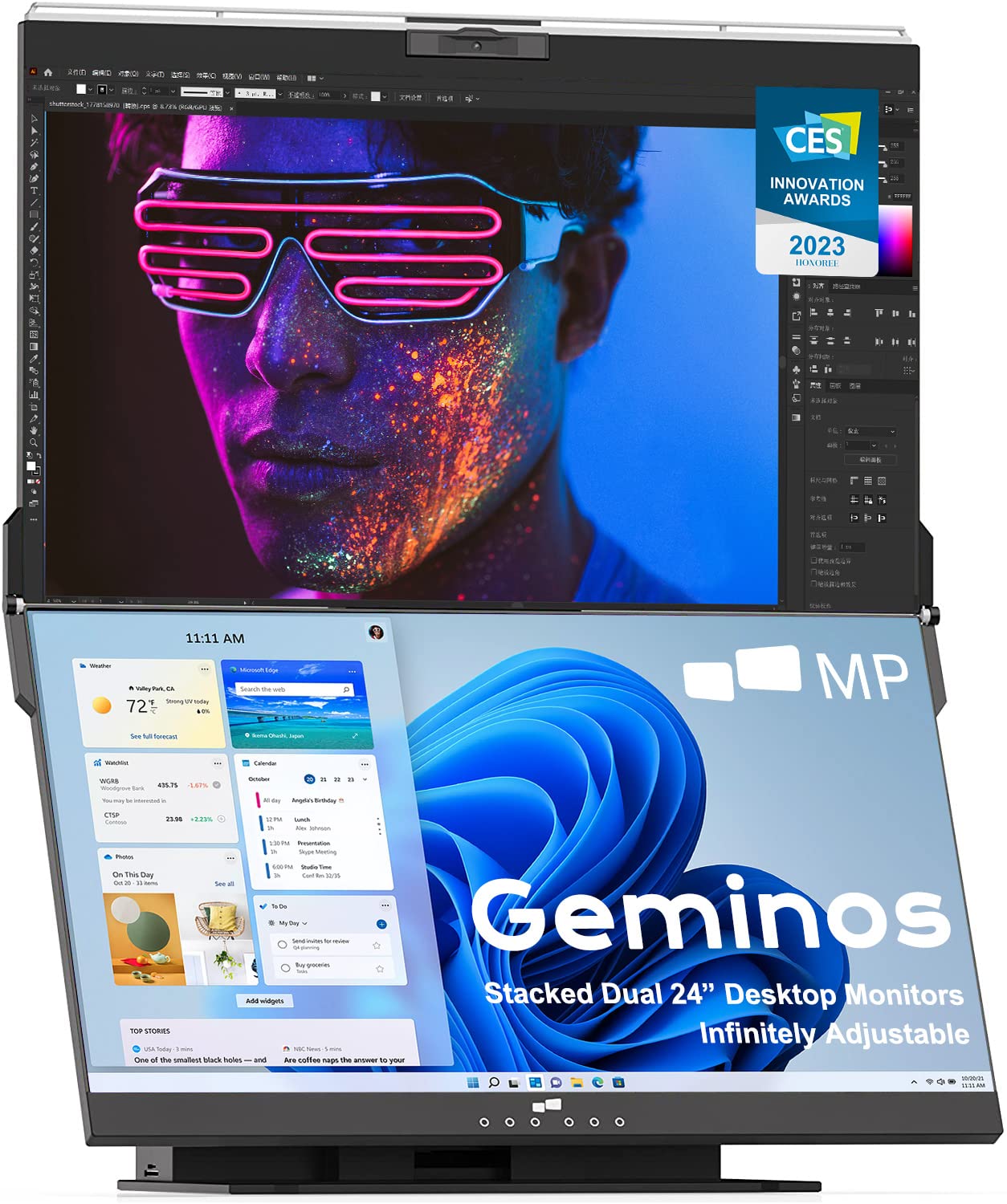 Geminos - Monitores de computadora apilados duales de 24 pulgadas con cámara web y altavoces de 1080P, carga USB-C de 65 W, monitor de escritorio vertical todo incluido, HDMI/USB-A/USB-C, Model 116-1001P03