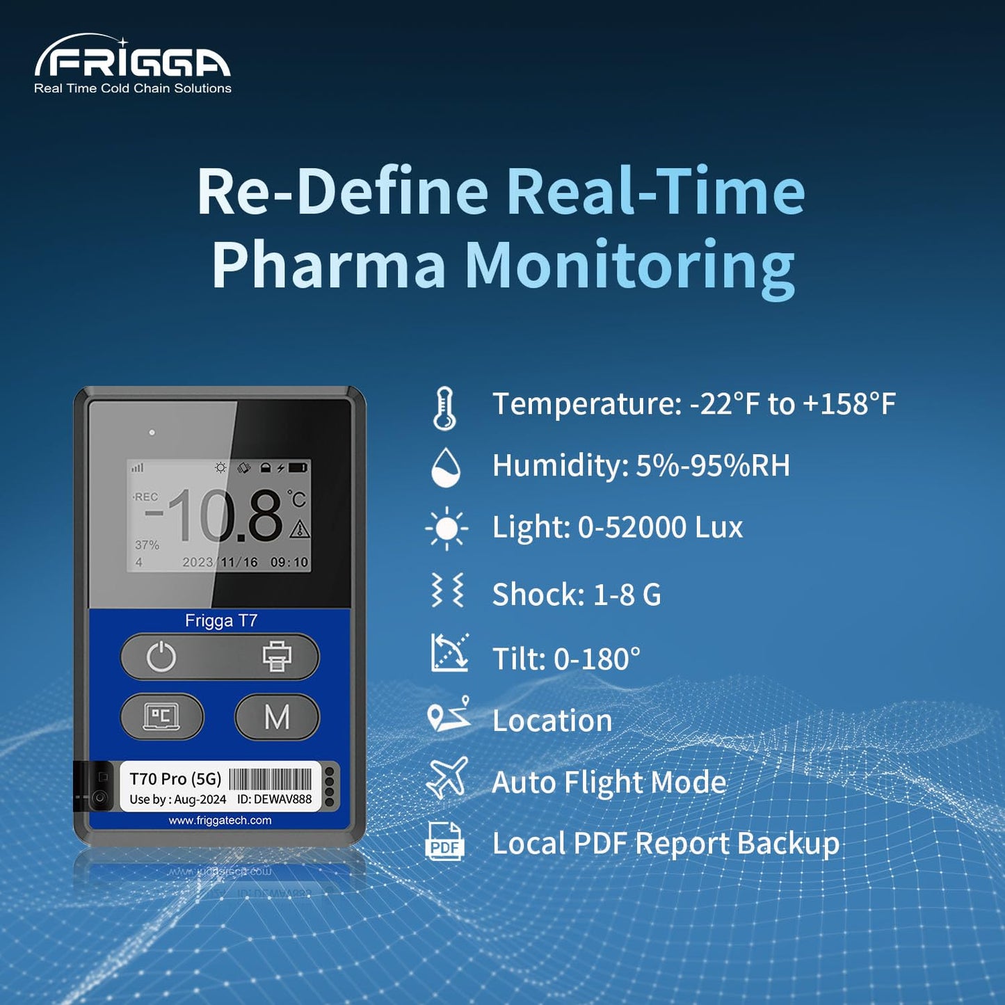 Frigga T70 Pro 4G/5G Real-Time Temperature Data Logger Reusable 50000 Points Wireless Remote Digital Humidity Temperature Recorder Pharmacy Medical Thermometer High Accuracy Rechargeable