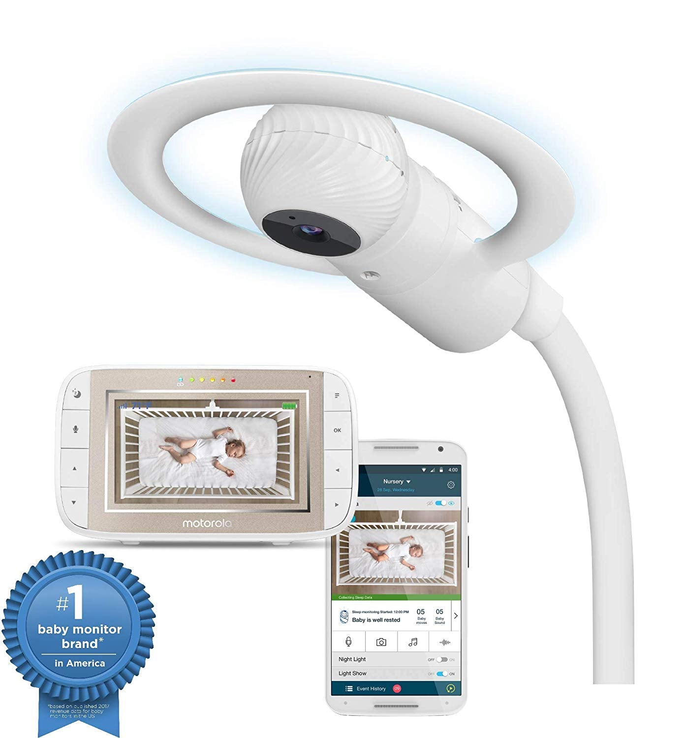 Motorola Halo+ Over-The-Crib Baby Monitor & Soother with HD Wi-Fi Camera & Parent Unit