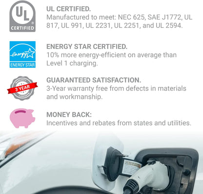 EMPORIA ENERGY Cargador Inteligente para vehículos eléctricos, 48 A, Nivel 2, Energy Star/UL, NEMA 14-50 o Cable Duro, Cable de 25 pies, EVSE para Interiores y Exteriores