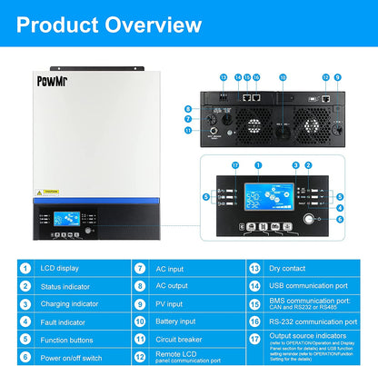PowMr - Inversor de onda sinusoidal híbrida 3000W 24V CC a 230 V CA con driver de carga MPPT, servicio de soporte de utilidad/generador/carga solar