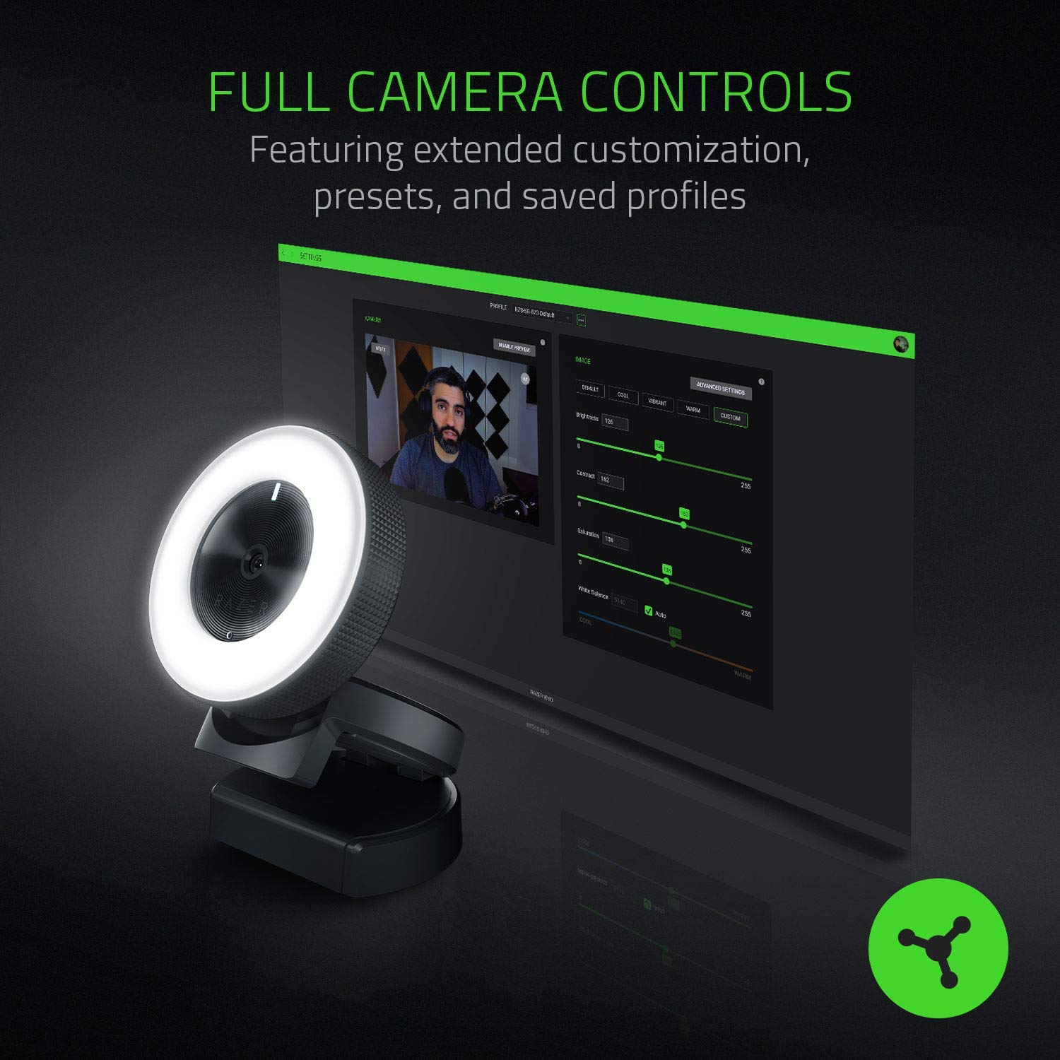 Razer Kiyo Streaming Webcam: 1080p 30 FPS / 720p 60 FPS - Ring Light w/ Adjustable Brightness - Built-in Microphone - Advanced Autofocus