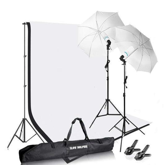 Slow Dolphin Photography Photo Video Studio Background Stand Support Kit with Muslin Backdrop Kits (White Black)