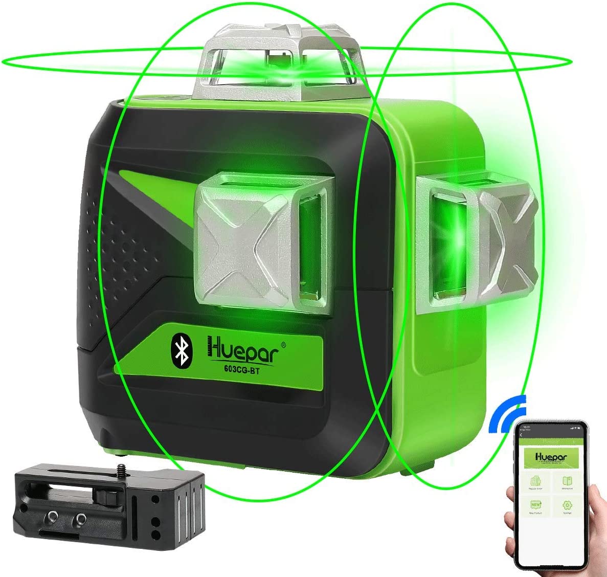 Huepar 3x360 Green Beam 3D Nivel láser con Bluetooth tres planos autonivelante y alineación de línea cruzada nivel láser 603CG-BT