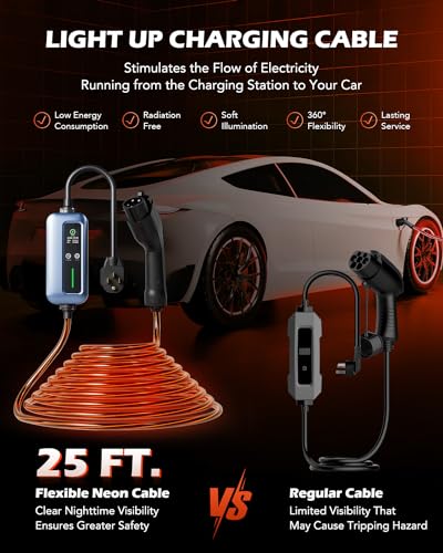 Orion Motor Tech Cargador EV de Nivel 2, Cargador EV Iluminado con Enchufe NEMA 14-50, Cargador EV J1772 Portátil Brillante de 110-240 V con 25 pies. Cable de Carga 16-40A Cargador de Coche Eléctrico