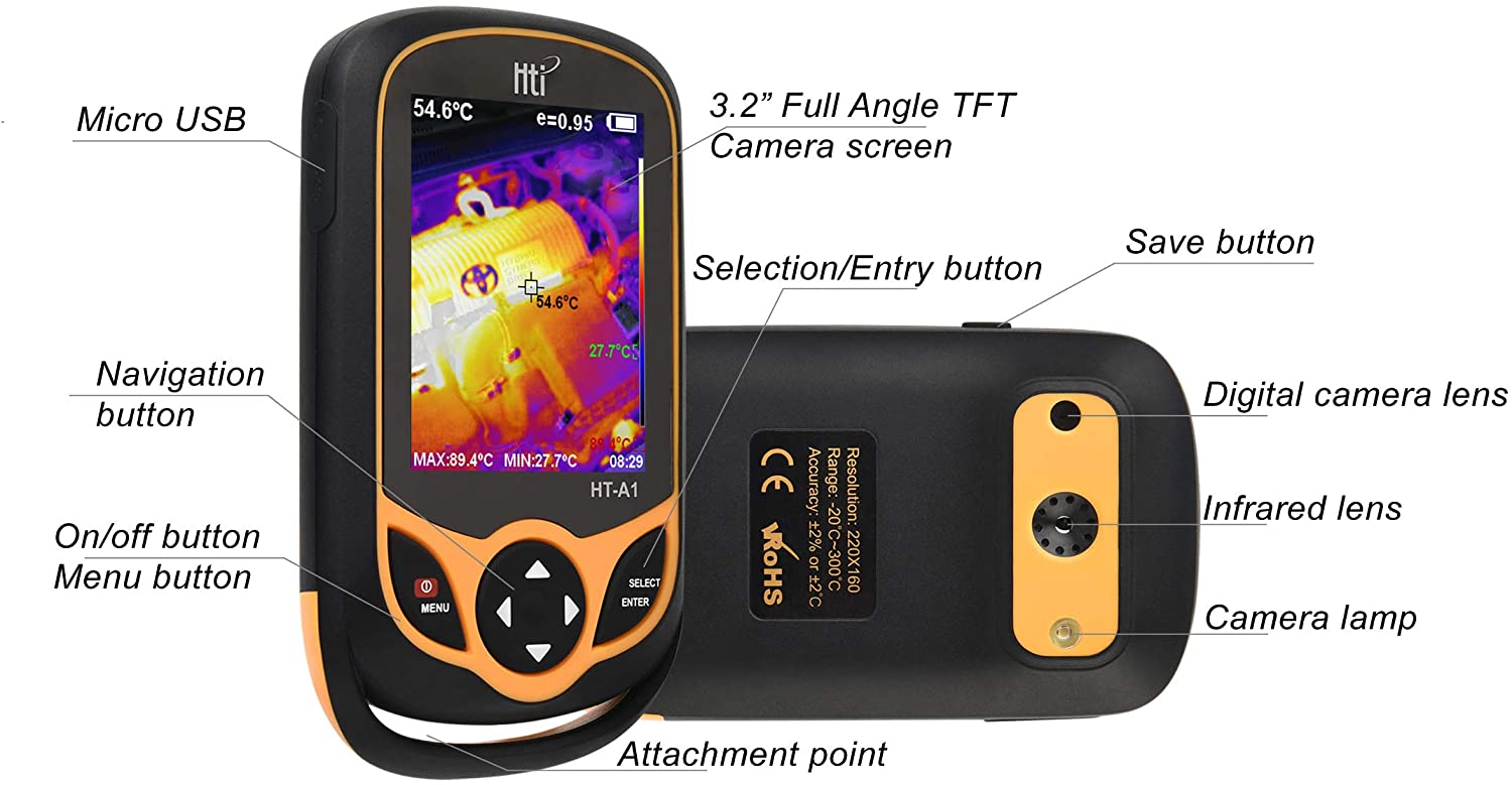 Cámara de imagen térmica, cámara infrarroja de tamaño bolsillo con imagen térmica en tiempo real, rango de medición de temperatura -4°F a 572°F, mini imagen térmica infrarroja, Hti-Xintai