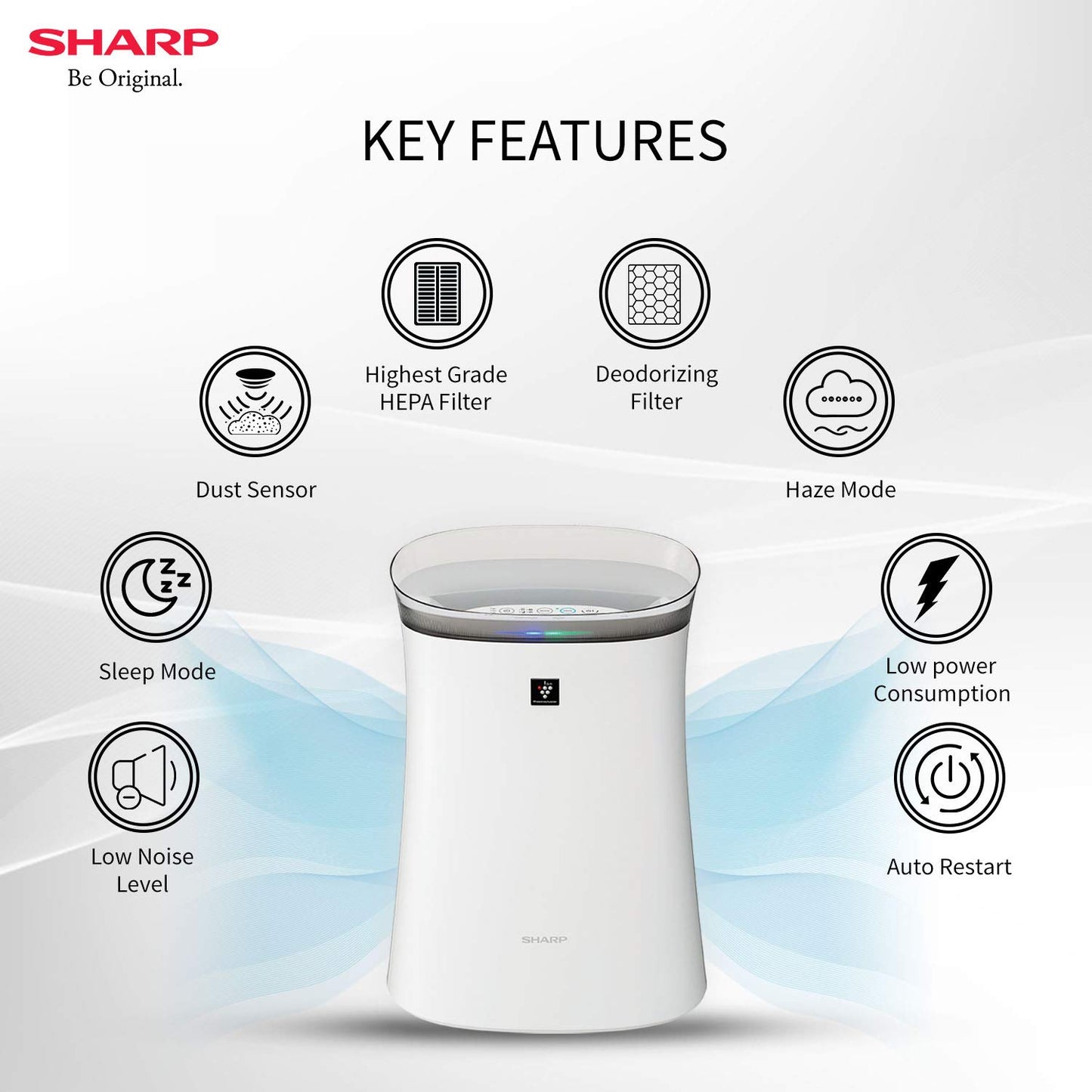 Sharp Air Purifier for Homes & Offices | Dual Purification - ACTIVE (Plasmacluster Technology) & PASSIVE FILTERS (True HEPA H14+Carbon+Pre-Filter) | Captures 99.97% of Impurities | Model:FP-F40E-W | White
