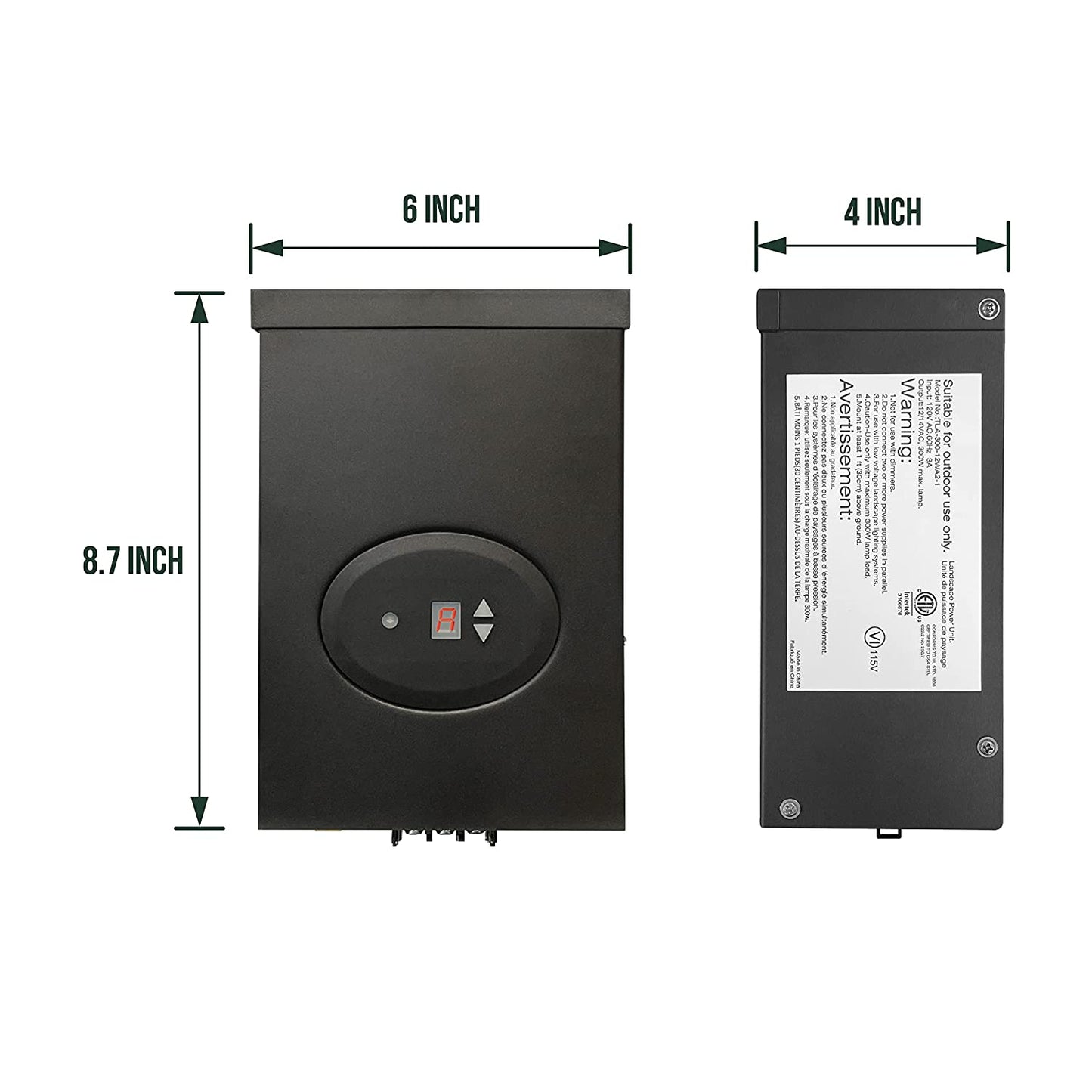 GKOLED Transformador de bajo voltaje de 300 W con certificación ETL para iluminación de paisaje con temporizador y sensor de fotocélula, paquete de alimentación de 120 V CA a 12 V/14 V CA, núcleo toroide totalmente encapsulado, certificado CEC VI