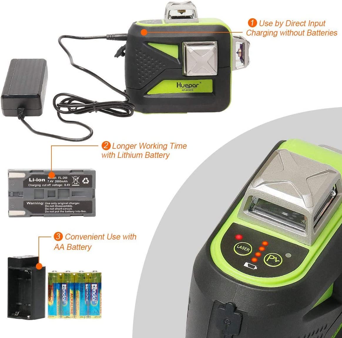 Huepar 3x360 Green Beam 3D Nivel láser con Bluetooth tres planos autonivelante y alineación de línea cruzada nivel láser 603CG-BT