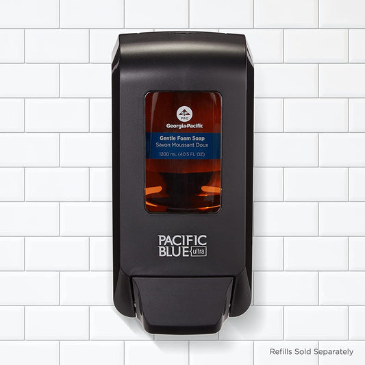 Dispensador manual de montaje en pared Pacific Blue Ultra™ para jabón en espuma para manos y desinfectante para manos de Georgia-Pacific, negro, 53057, 11.5" de ancho x 5.6" de profundidad por 4.4" de alto